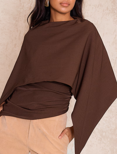 Brown Asymmetrical Poncho - style Top