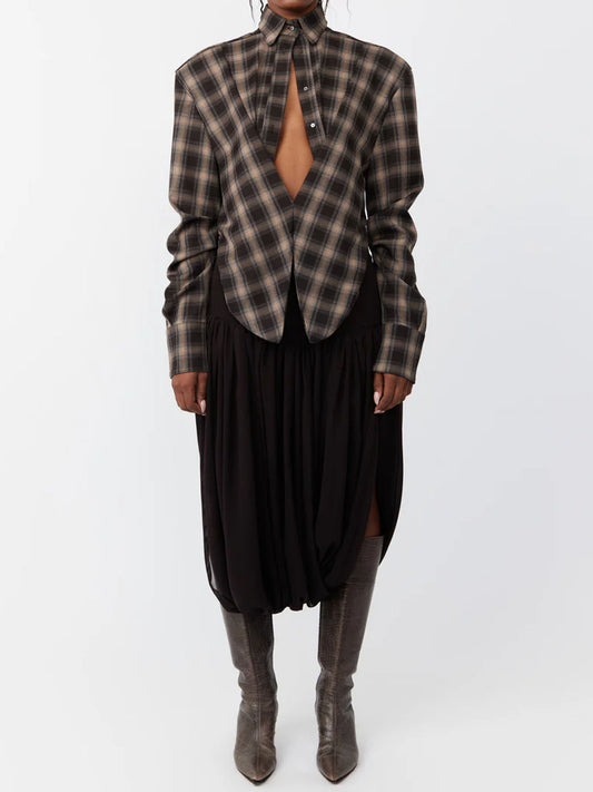 Women's Plaid Twisted Front Structured Shoulder Shirt
