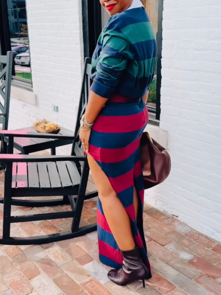 Color Block Stripe Midi Skirt Set – Contrast Top & Slit Skirt for Chic Style