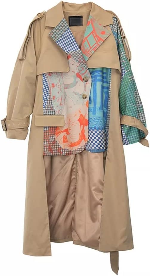 Fashion women's trench coat lapel loose single-breasted contrast color printing long trench coat women autumn