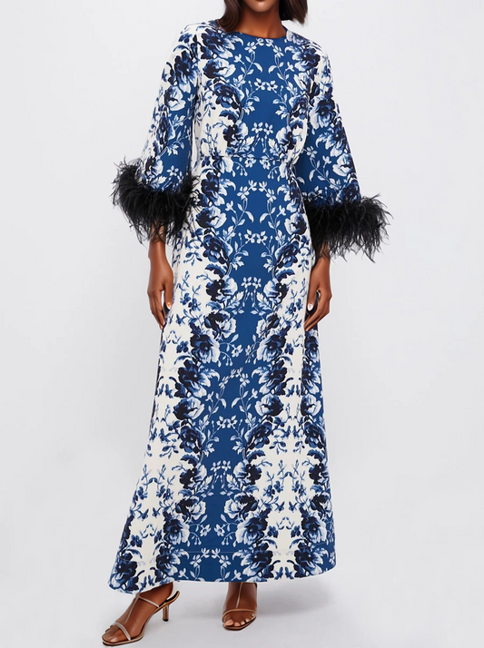 Feather Cuffs Printed Maxi Dress