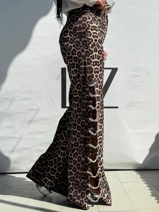 Rhinestone Sparkle Leopard-Print Wide-Leg Pants