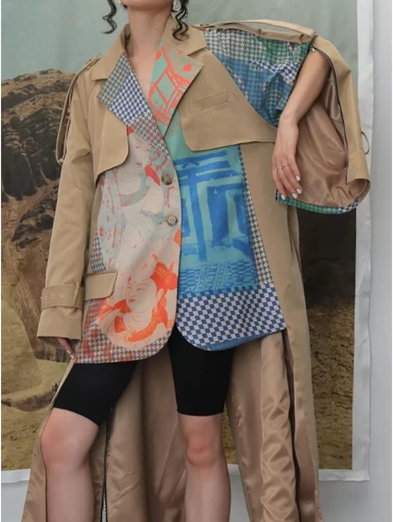 Fashion women's trench coat lapel loose single-breasted contrast color printing long trench coat women autumn