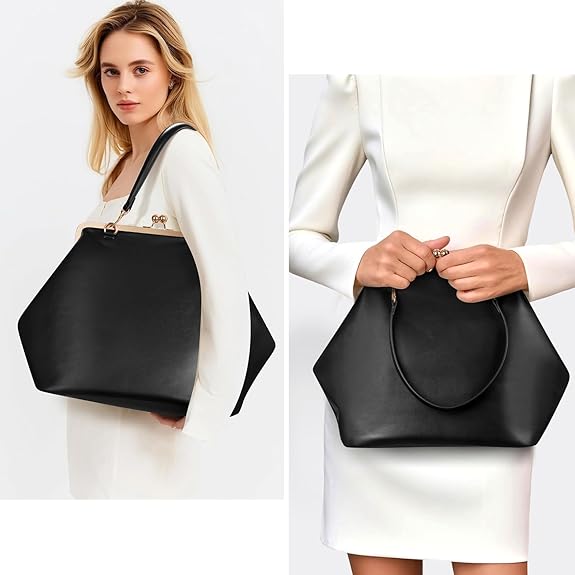 Large Women's Kiss Lock Bag PU Medium Top Handle Handbags Kiss Clasp Shoulder Bags Tote Purse Messenger Clutch