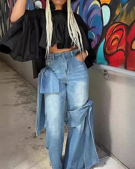 Women's straight jeans bow jeans high waist button front fashionable jeans
