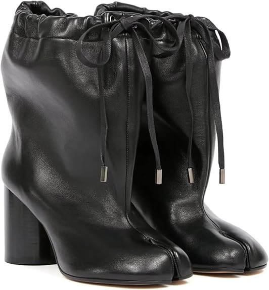 Women's Tabi Split Toe Ankle Boots - Faux Leather Drawstring Block Heel Booties