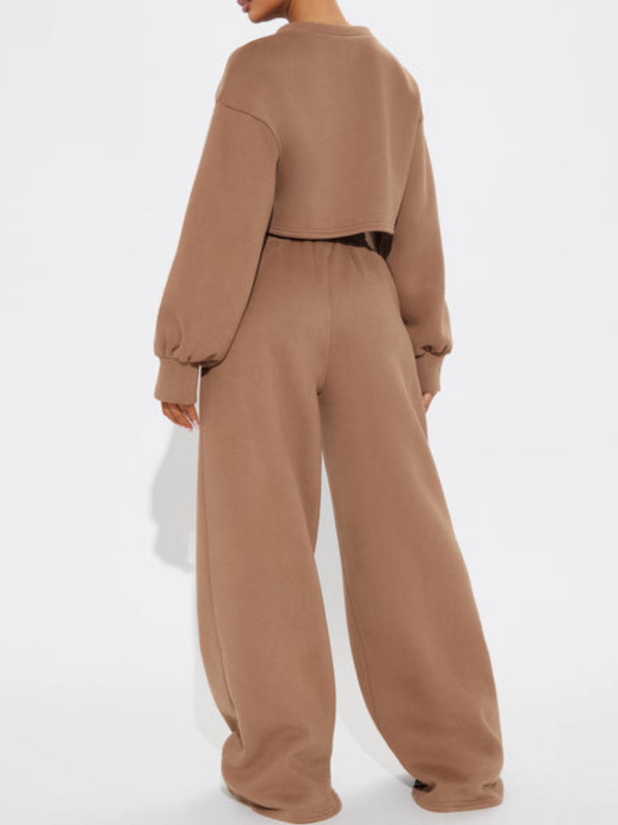 Women's Brown Cropped Sweatshirt and Wide-Leg Pants Set with Black Stripes