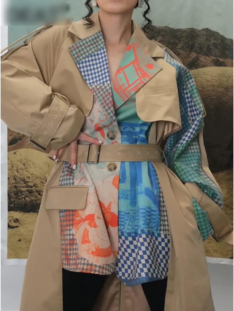 Fashion women's trench coat lapel loose single-breasted contrast color printing long trench coat women autumn