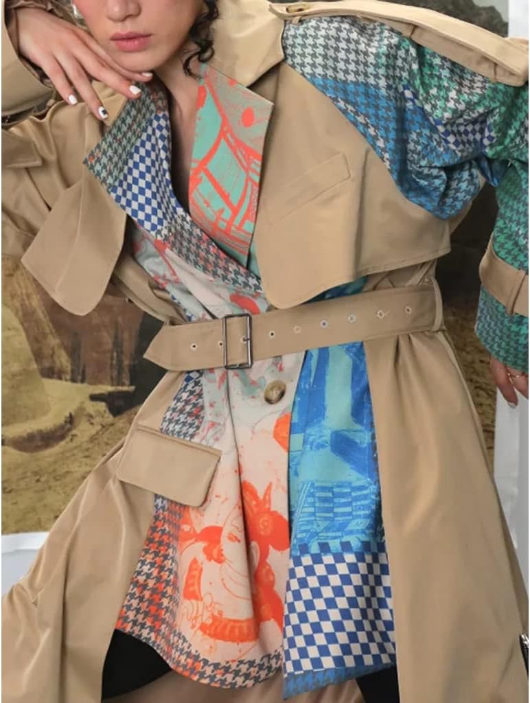 Fashion women's trench coat lapel loose single-breasted contrast color printing long trench coat women autumn