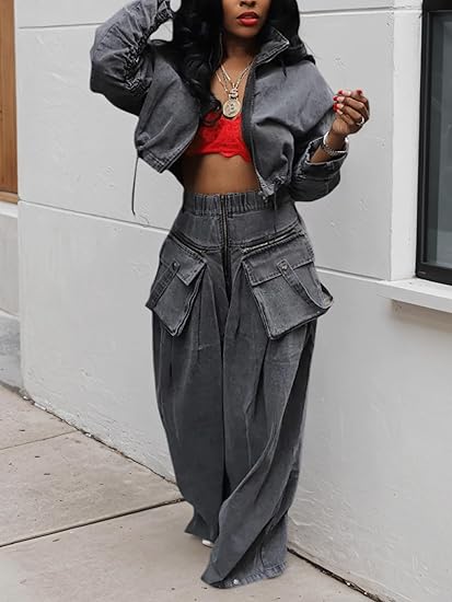 Women's Denim Two-Piece Suit (Zip Long-Sleeve Cropped Jacket + Wide-Leg Pants)