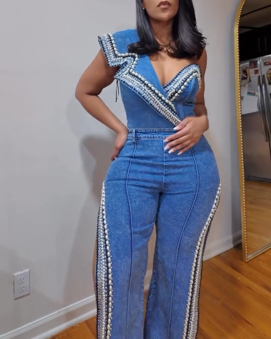 Luxury Denim Asymmetric Pearl Bodysuit + Side Slit Jeans