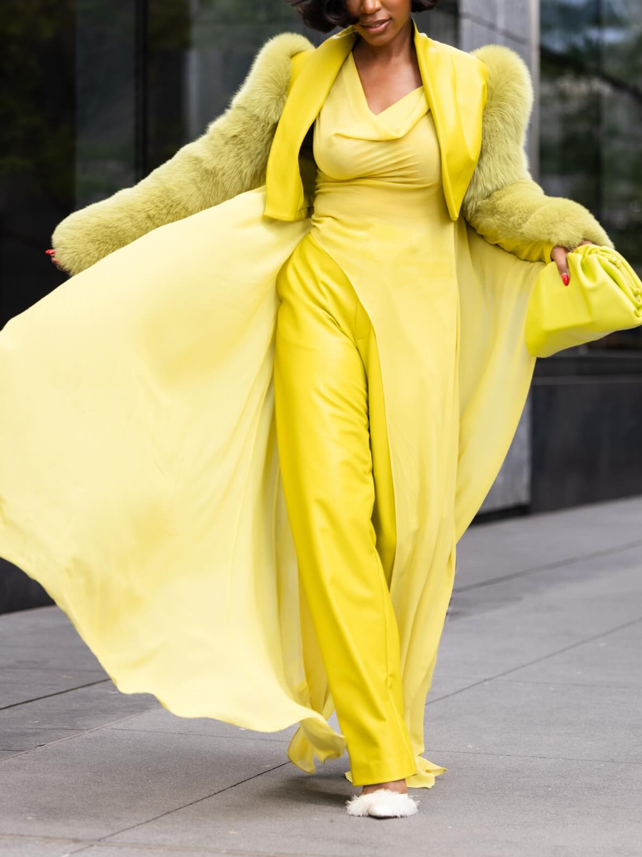 Women's Bright Yellow Satin Jumpsuit with Green Fur - Trimmed Jacket