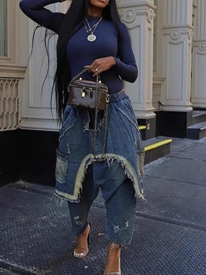 Womens Harem Jeans Baggy Cargo Hippie Patchwork Denim Pants Casual Elastic Waist Wide Leg Jogger Trousers