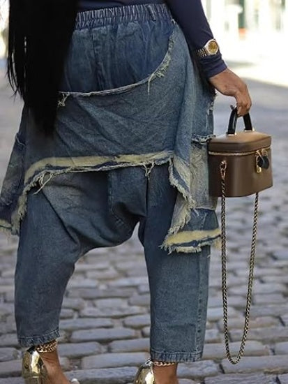 Womens Harem Jeans Baggy Cargo Hippie Patchwork Denim Pants Casual Elastic Waist Wide Leg Jogger Trousers