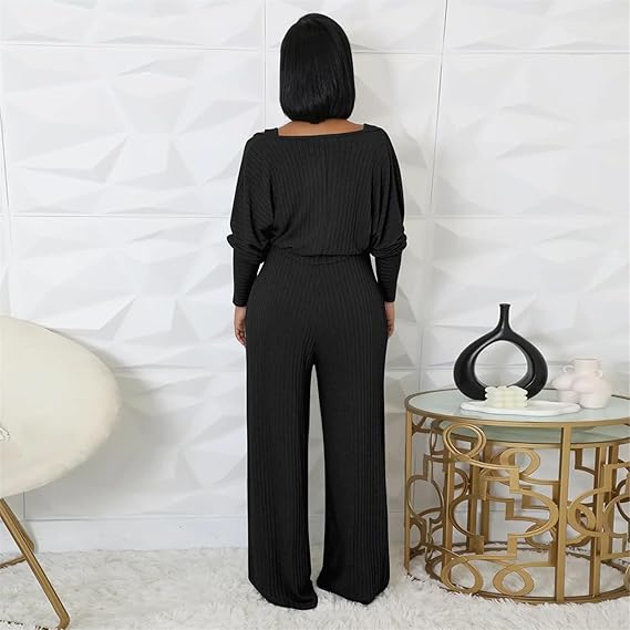 Women's Casual 2 Piece Outfits Ribbed Knitted Batwing Long Sleeve Cardigan Tank Wide Leg Jumpsuits Sets With Pocket