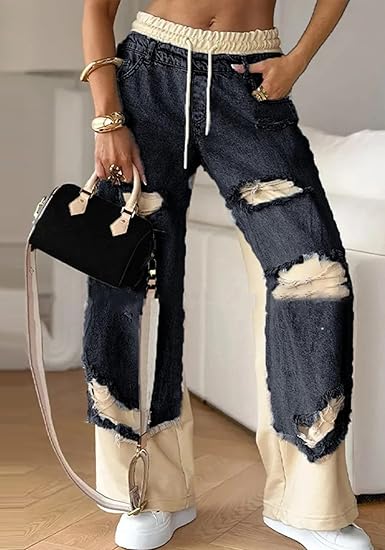 Womens Baggy Patchwork Jeans Wide Leg Drawstring Elastic Waist Ripped Y2k Stretchy Denim Pants Sweatpants
