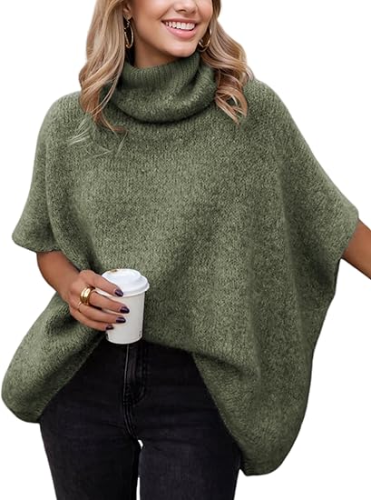 Womens Turtleneck Batwing Sleeve Sweater Knitted Oversized Chunky Short Dolman Tops
