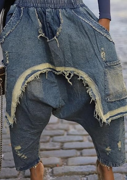 Womens Harem Jeans Baggy Cargo Hippie Patchwork Denim Pants Casual Elastic Waist Wide Leg Jogger Trousers