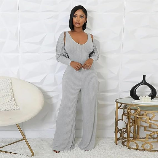 Women's Casual 2 Piece Outfits Ribbed Knitted Batwing Long Sleeve Cardigan Tank Wide Leg Jumpsuits Sets With Pocket