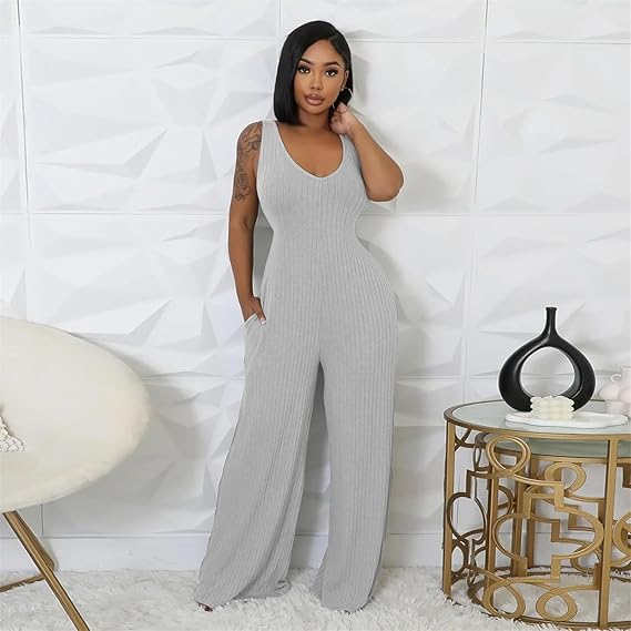 Women's Casual 2 Piece Outfits Ribbed Knitted Batwing Long Sleeve Cardigan Tank Wide Leg Jumpsuits Sets With Pocket