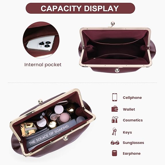 Large Women's Kiss Lock Bag PU Medium Top Handle Handbags Kiss Clasp Shoulder Bags Tote Purse Messenger Clutch