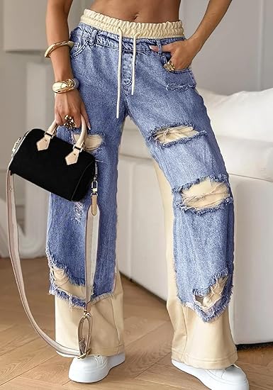 Womens Baggy Patchwork Jeans Wide Leg Drawstring Elastic Waist Ripped Y2k Stretchy Denim Pants Sweatpants