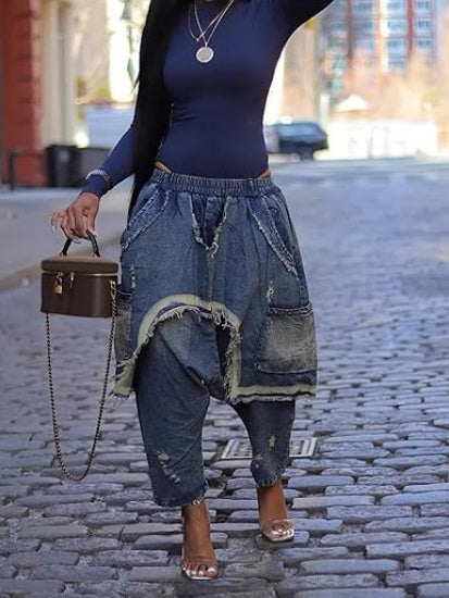 Womens Harem Jeans Baggy Cargo Hippie Patchwork Denim Pants Casual Elastic Waist Wide Leg Jogger Trousers
