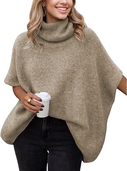 Womens Turtleneck Batwing Sleeve Sweater Knitted Oversized Chunky Short Dolman Tops
