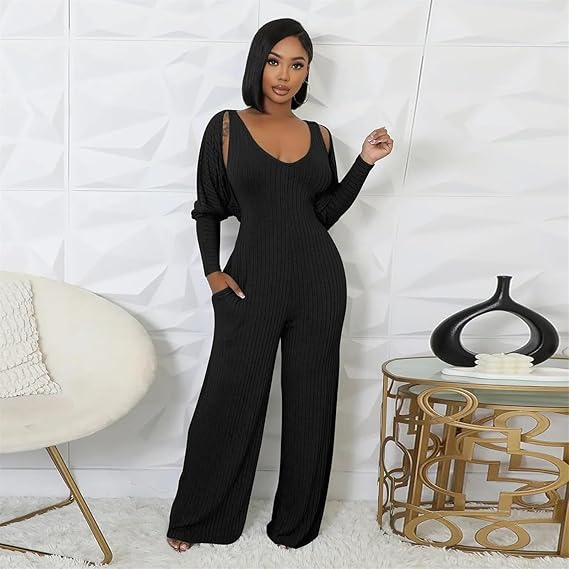Women's Casual 2 Piece Outfits Ribbed Knitted Batwing Long Sleeve Cardigan Tank Wide Leg Jumpsuits Sets With Pocket