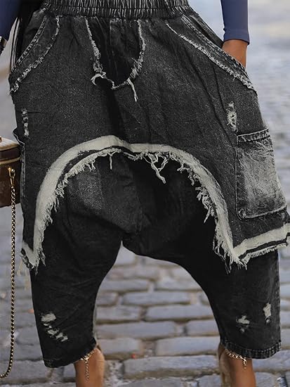 Womens Harem Jeans Baggy Cargo Hippie Patchwork Denim Pants Casual Elastic Waist Wide Leg Jogger Trousers