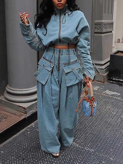Women's Denim Two-Piece Suit (Zip Long-Sleeve Cropped Jacket + Wide-Leg Pants)