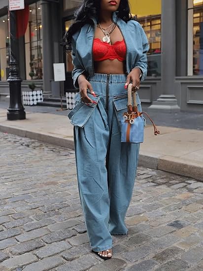 Women's Denim Two-Piece Suit (Zip Long-Sleeve Cropped Jacket + Wide-Leg Pants)