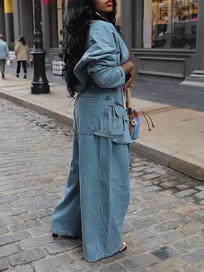 Women's Denim Two-Piece Suit (Zip Long-Sleeve Cropped Jacket + Wide-Leg Pants)