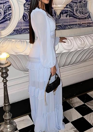 Women’S Ruffle Deep V-Neck Lantern Sleeve Floor Length Dress Regular Fit Zipper A-Line High Waist Split Chic Robe