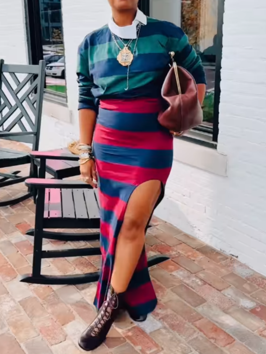 Color Block Stripe Midi Skirt Set – Contrast Top & Slit Skirt for Chic Style