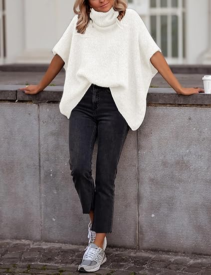 Womens Turtleneck Batwing Sleeve Sweater Knitted Oversized Chunky Short Dolman Tops
