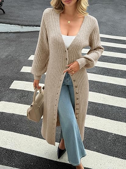 Womens Long Cardigans V Neck Button Down Chunky Knit Dusters Sweater Coat