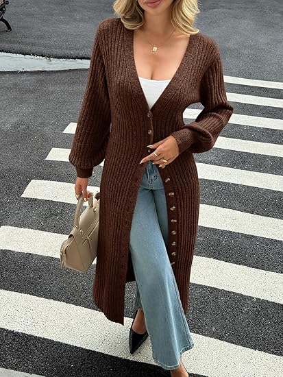 Womens Long Cardigans V Neck Button Down Chunky Knit Dusters Sweater Coat