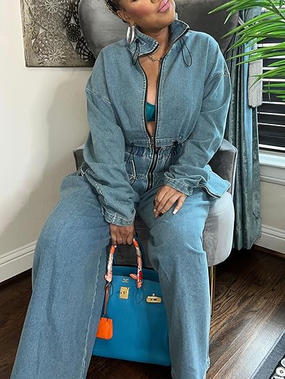 Women's Denim Two-Piece Suit (Zip Long-Sleeve Cropped Jacket + Wide-Leg Pants)