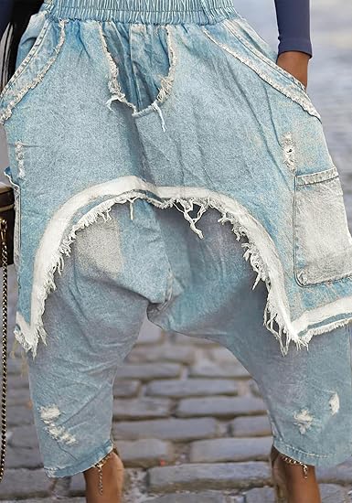 Womens Harem Jeans Baggy Cargo Hippie Patchwork Denim Pants Casual Elastic Waist Wide Leg Jogger Trousers