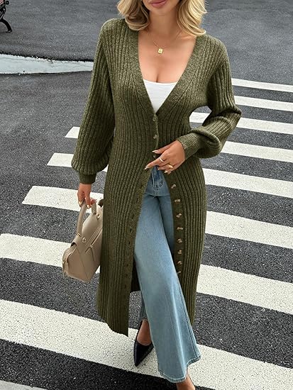 Womens Long Cardigans V Neck Button Down Chunky Knit Dusters Sweater Coat