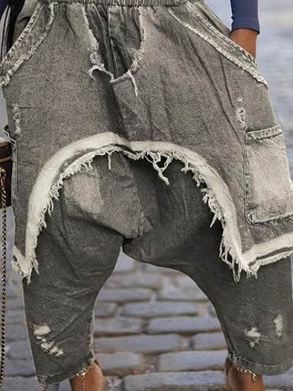 Womens Harem Jeans Baggy Cargo Hippie Patchwork Denim Pants Casual Elastic Waist Wide Leg Jogger Trousers