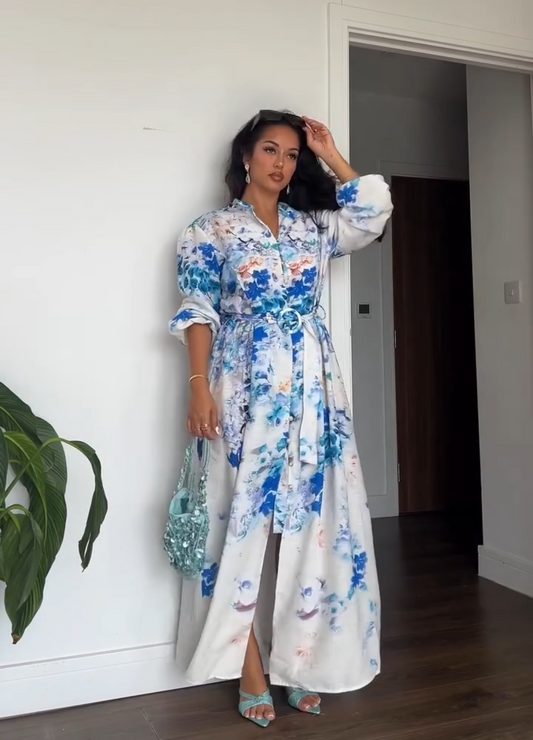 Beige fitted shirt dress with blue flowers (Belt Included)