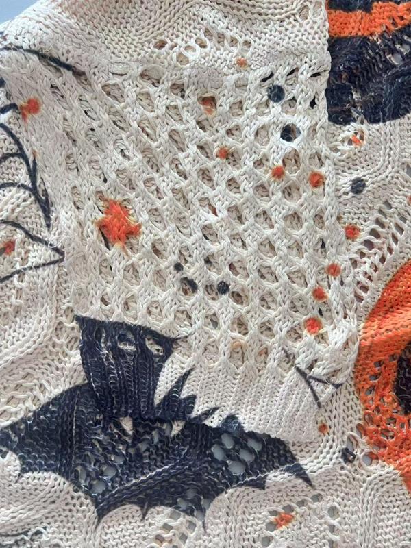 Women's Halloween pumpkin print long-sleeved knit top, casual and elegant resort style sweater with loose bat shoulders