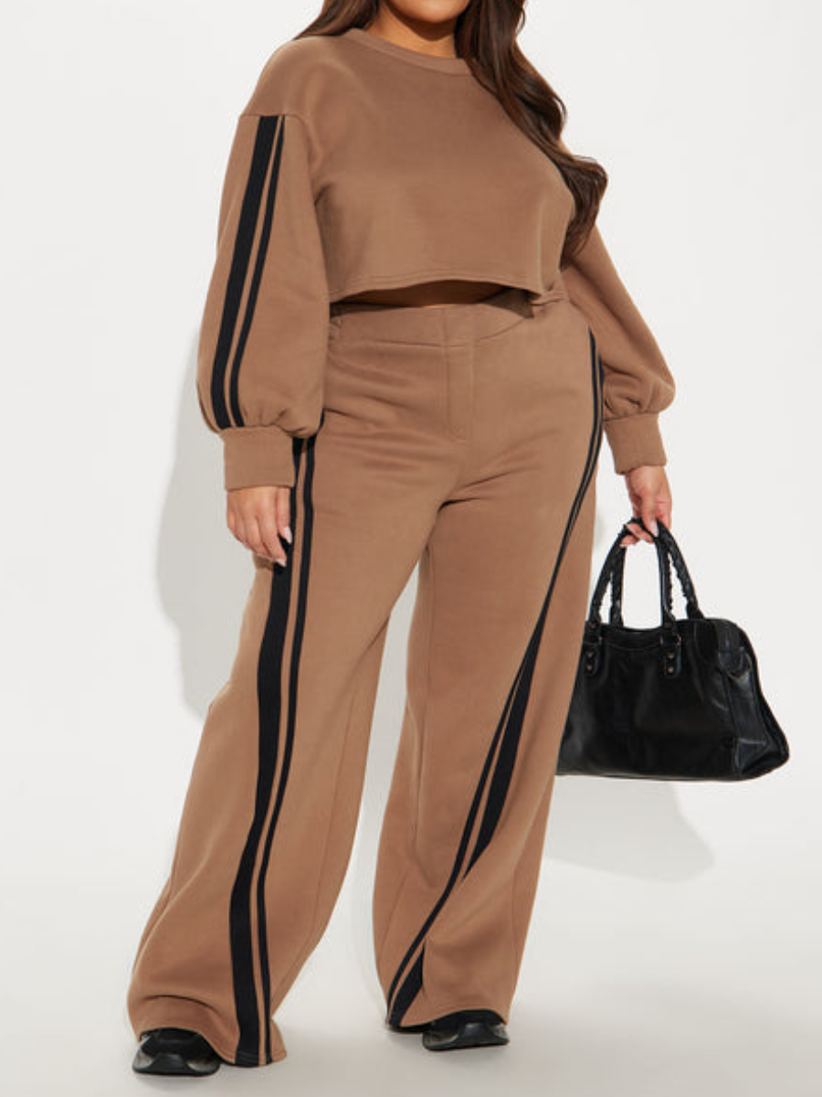 Women's Brown Cropped Sweatshirt and Wide-Leg Pants Set with Black Stripes
