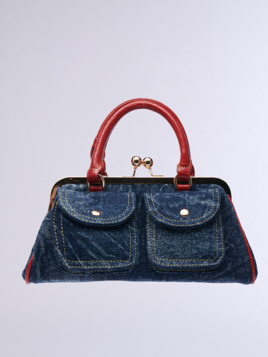 Denim Frame Bag with Red Accents