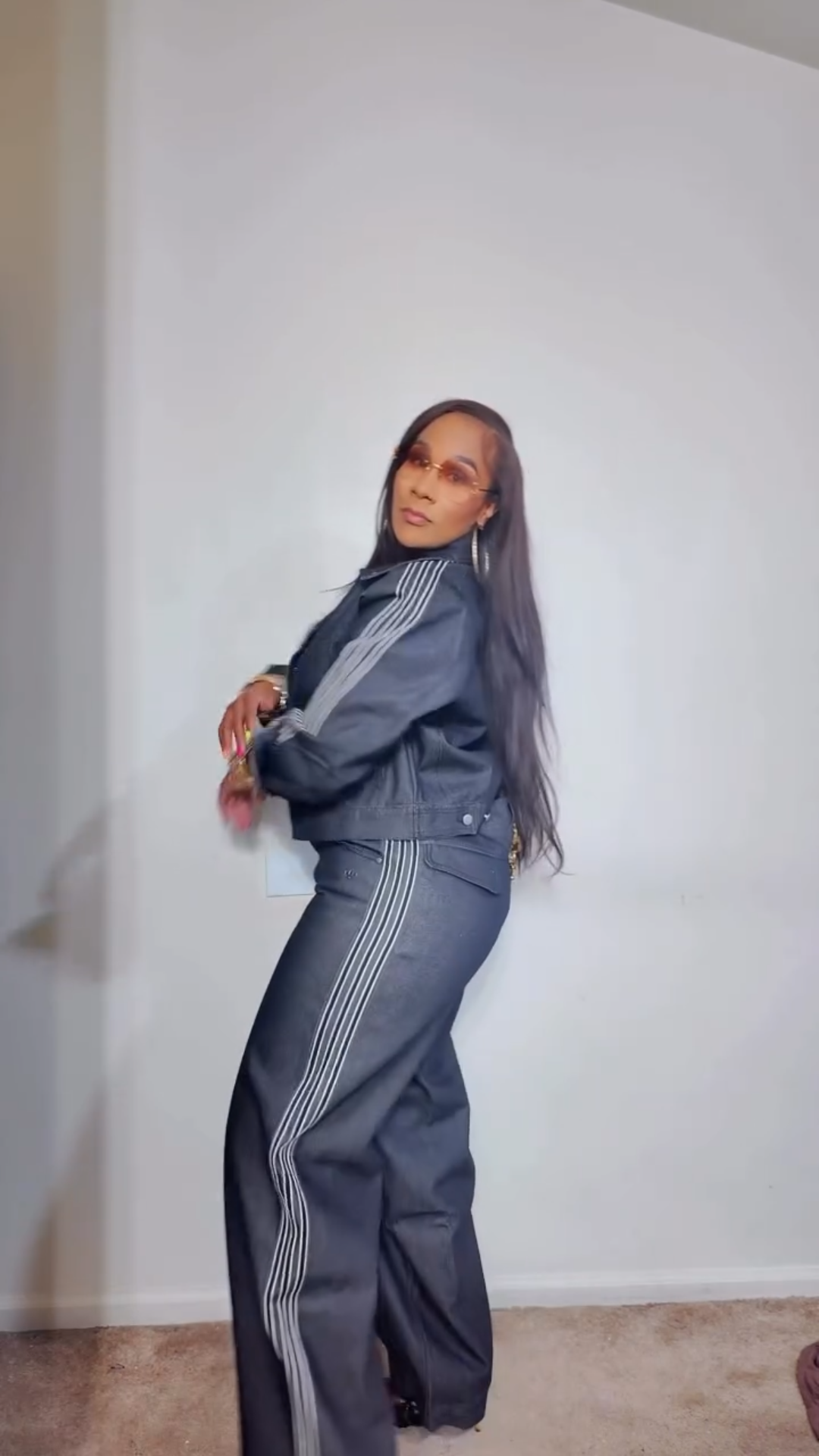 Women's Dark Denim Crop Jacket and Wide - Leg Pants Set with Striped Details
