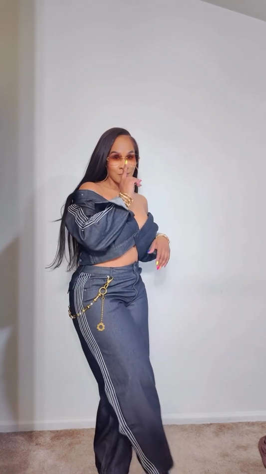 Women's Dark Denim Crop Jacket and Wide - Leg Pants Set with Striped Details