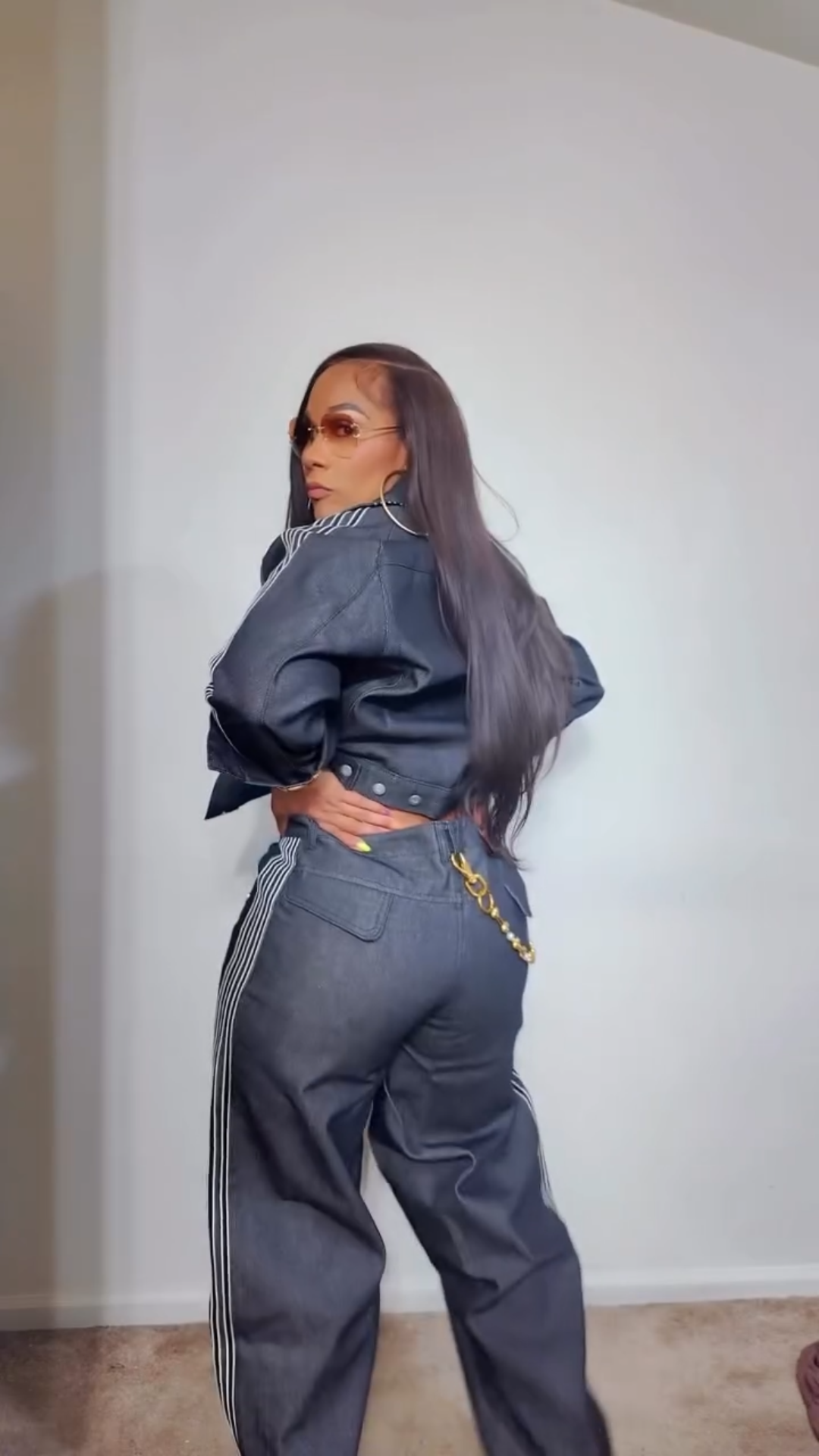 Women's Dark Denim Crop Jacket and Wide - Leg Pants Set with Striped Details