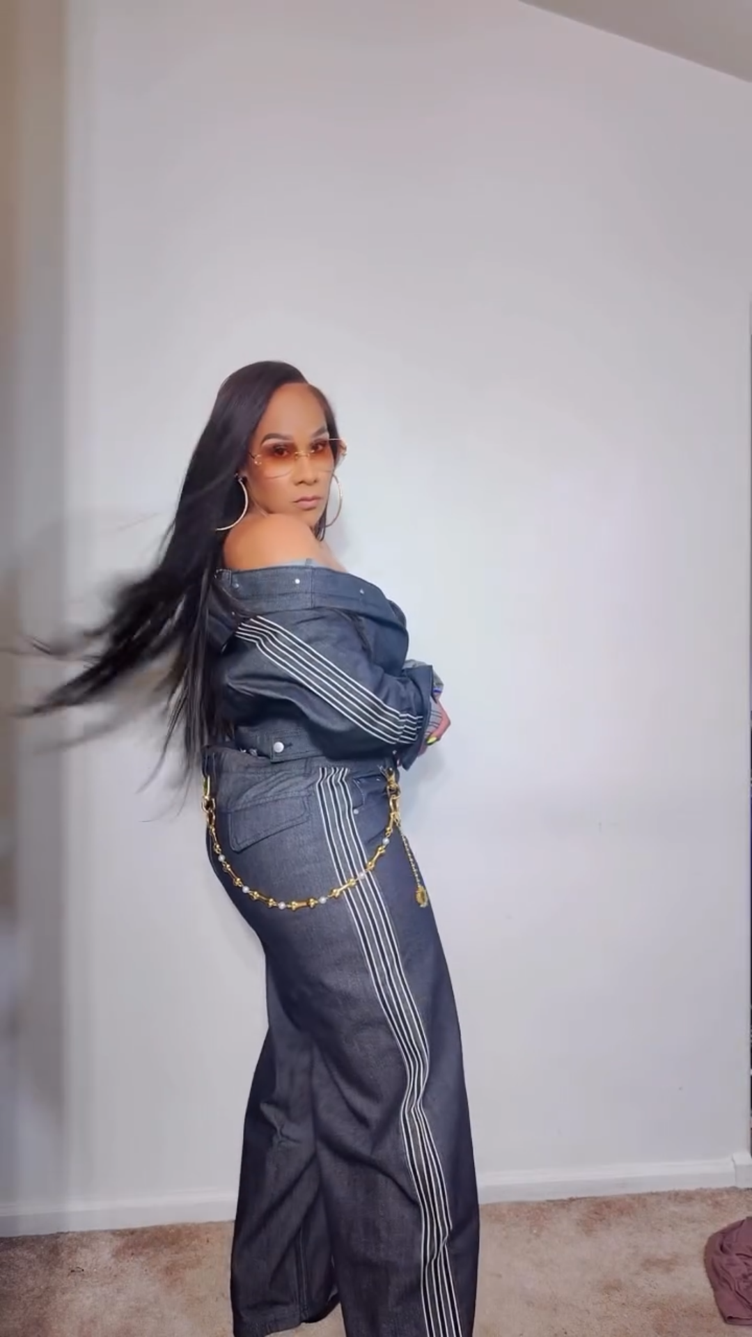 Women's Dark Denim Crop Jacket and Wide - Leg Pants Set with Striped Details